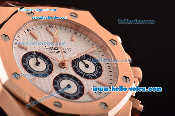 Audemars Piguet Royal Oak Chronograph Miyota OS20 Quartz Rose Gold Case with Brown Leather Strap White Dial and Stick Markers - Click Image to Close